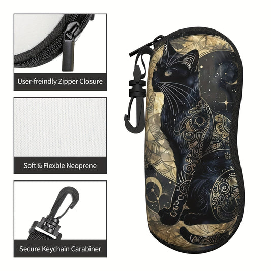 Stylish Moon and Black Cat Printed Glasses Case - Lightweight Neoprene with Zipper Closure, Soft Protective Sleeve for Eyewear, Suitable for Both Men and Women