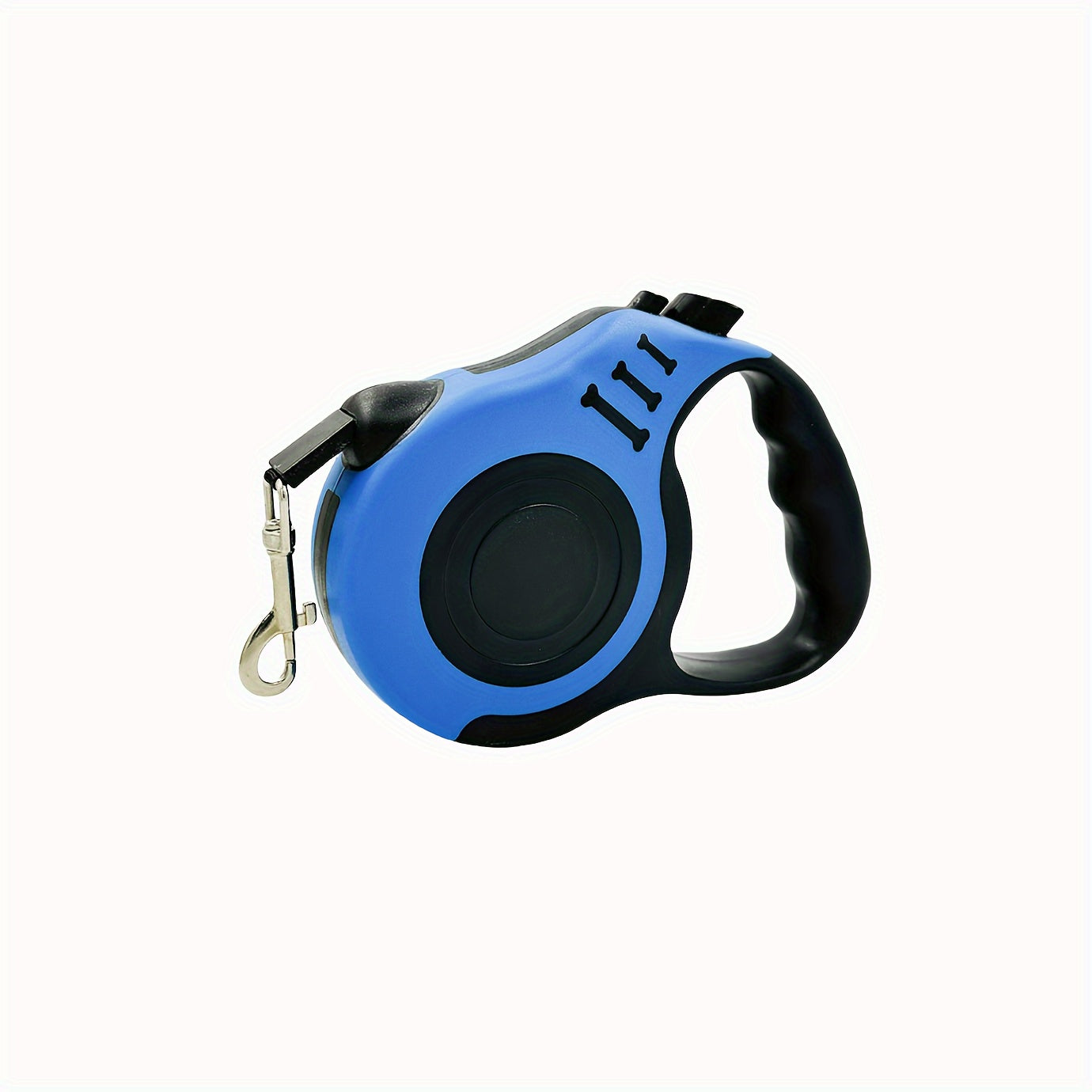 Durable 3.05meter retractable dog leash for small to large dogs, blue and black design with bone-shaped handle, ergonomic grip, and sturdy metallic clip. Perfect for pet owners.