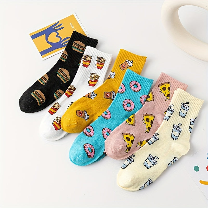 Cute and funny cartoon food print socks for women, 6 pairs in mid-tube style.