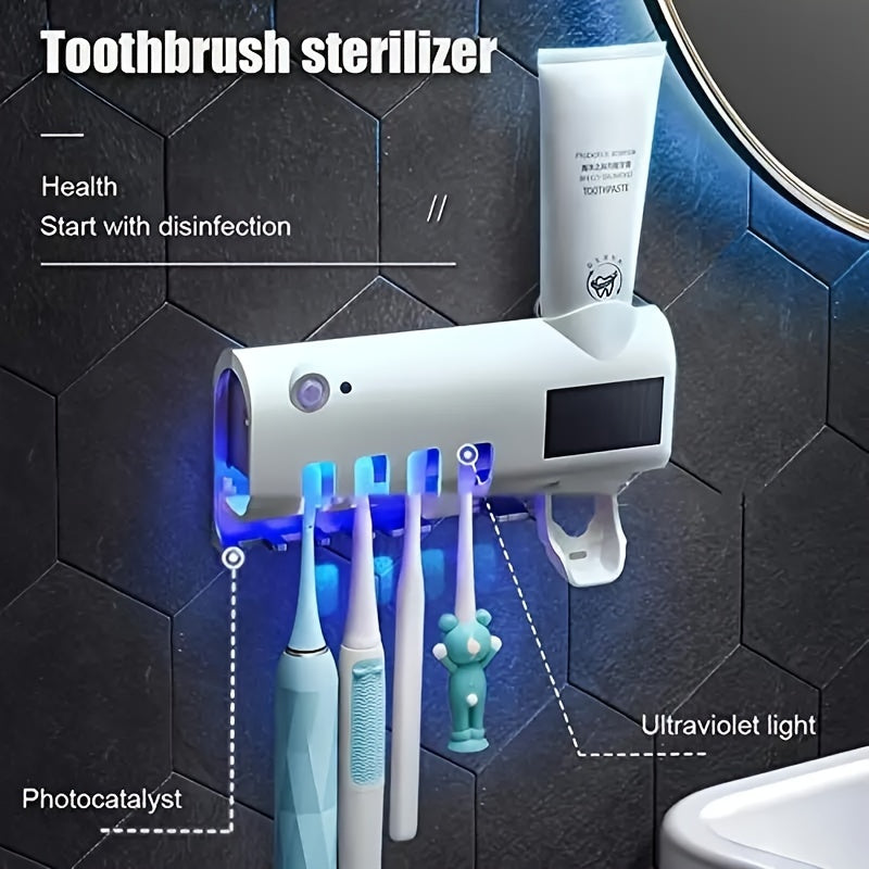 UV Toothbrush Holder with Automatic Toothpaste Dispenser - Wireless, USB Rechargeable, Wall-Mounted, No-Drill Installation.