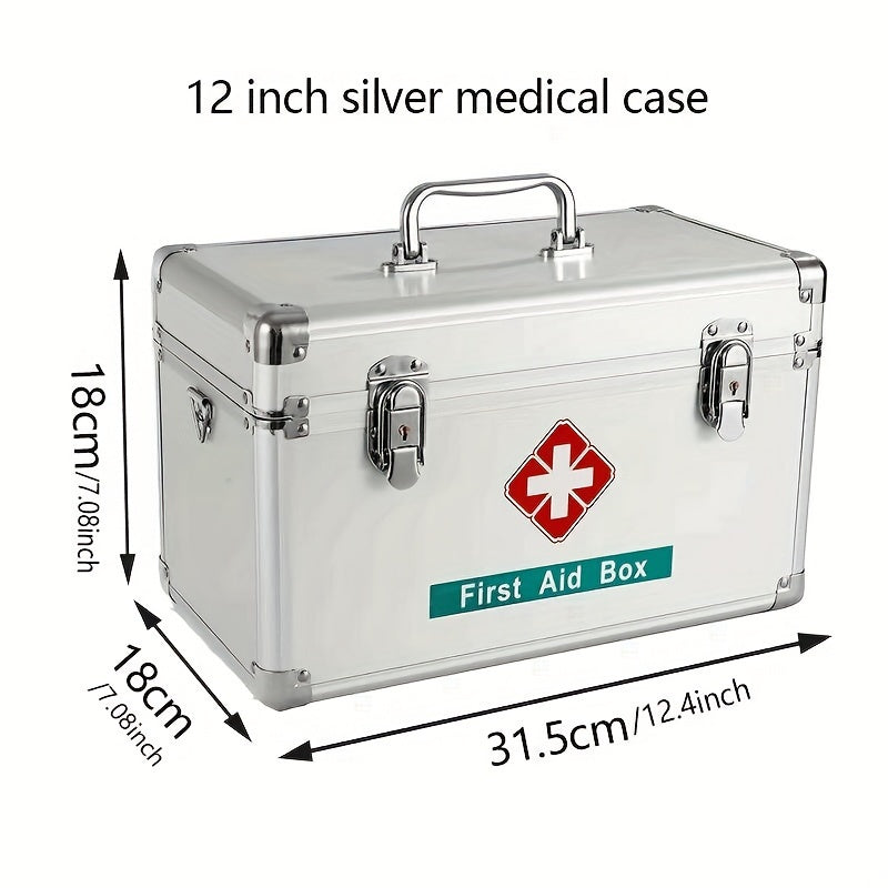 Portable aluminum first aid kit with multiple storage layers for indoor and outdoor use.