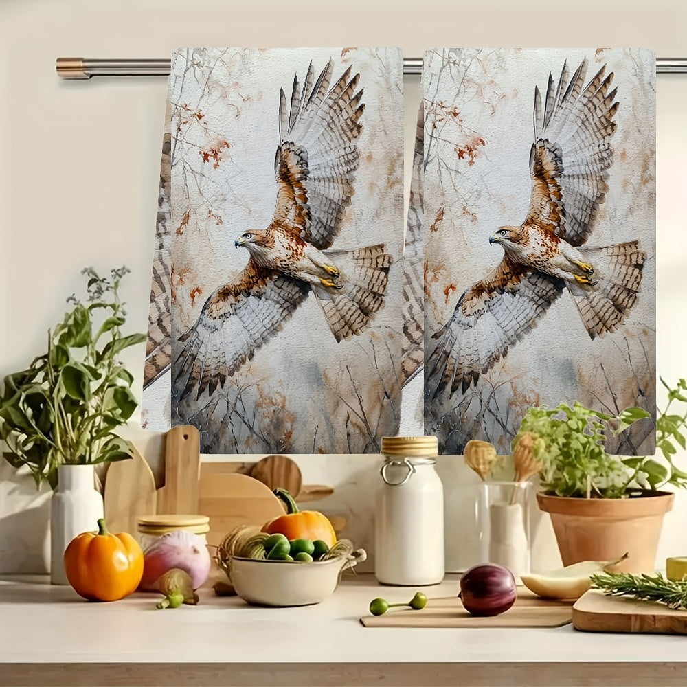 Two ultra-soft kitchen towels featuring the piercing cry of a hawk flying above. These dish towels are highly absorbent and perfect for holiday decoration. They are machine washable and measure 40.64X60.96 cm.