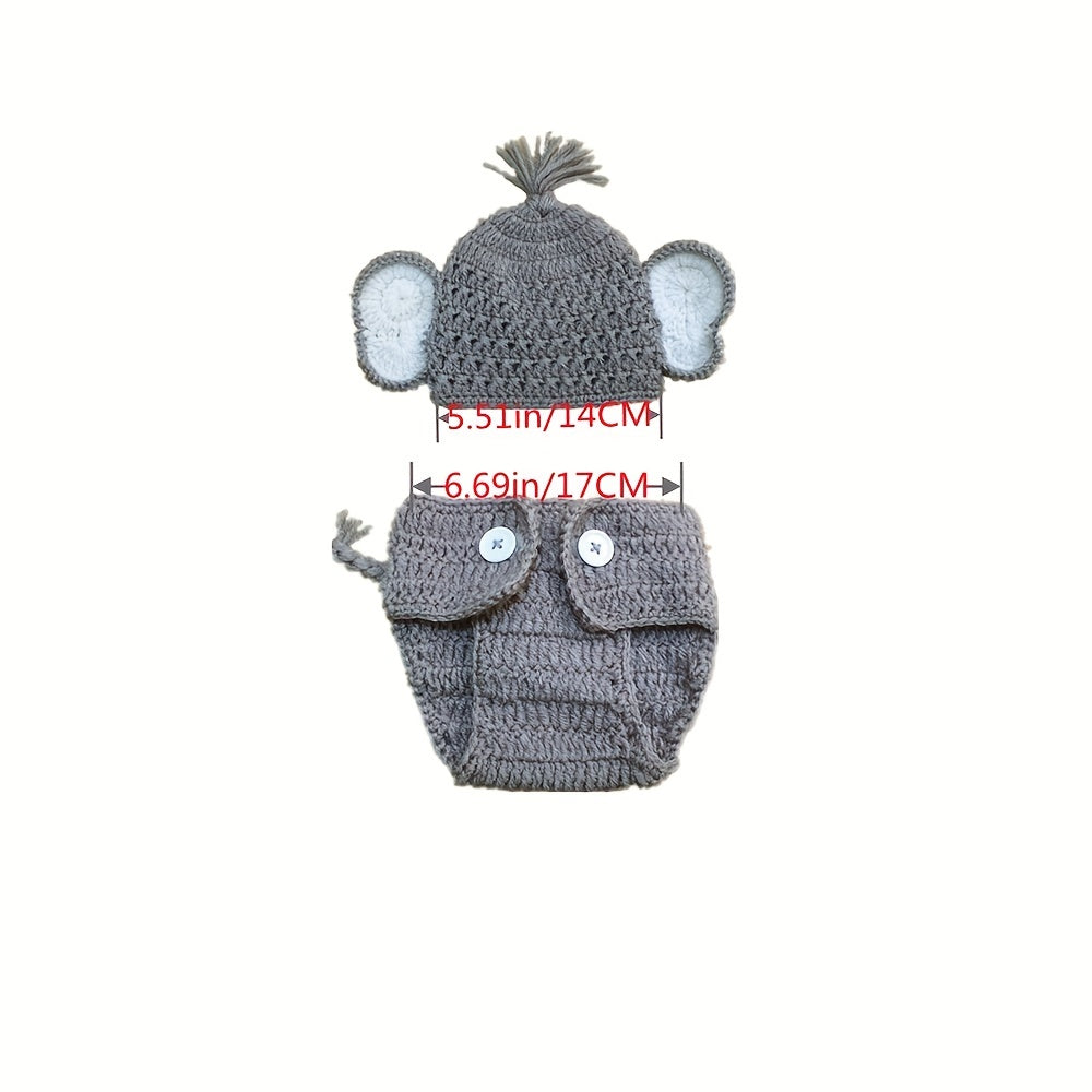 Set of newborn baby elephant knit crochet hat and shorts, perfect for costume photography props and photo outfits for infants and kids.