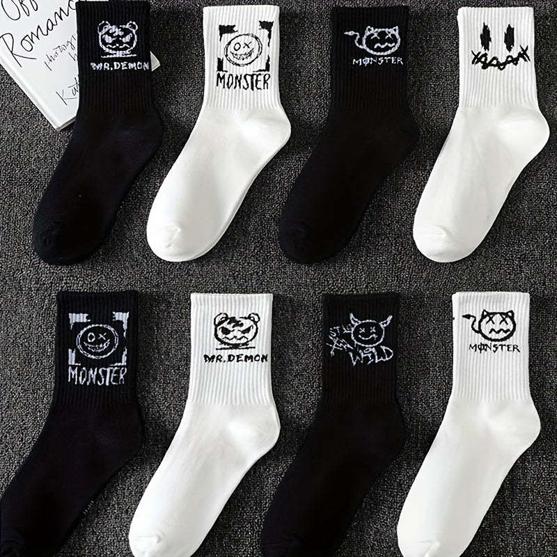 5 pairs of men's black and white graffiti pattern crew socks, comfortable and breathable, suitable for all seasons.