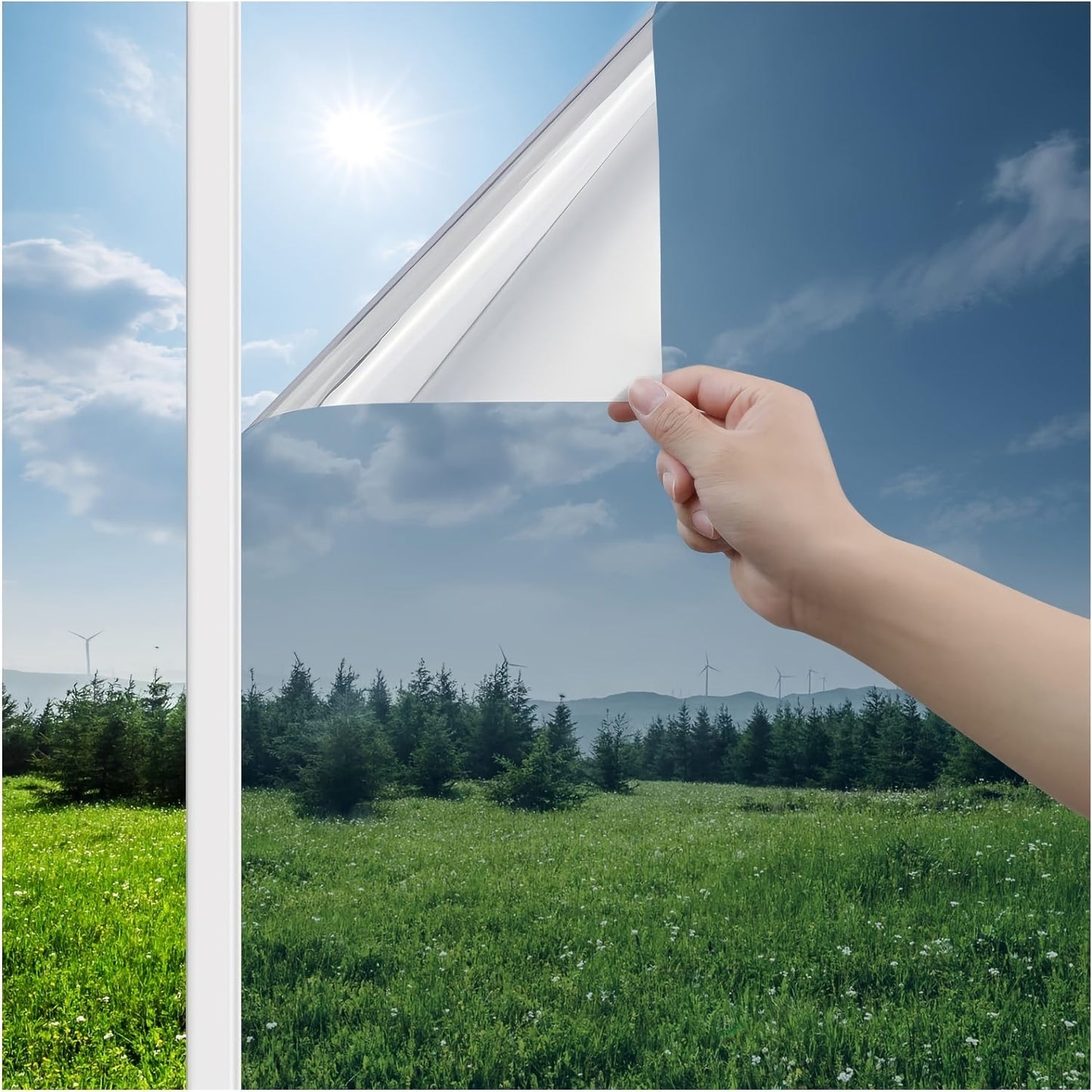 Convenient Privacy Window Film with UV Protection and One-Way Mirror Tint for Home & Office. Reflective Silvery Thermal Insulation, Self-Adhesive, for Window Glass.