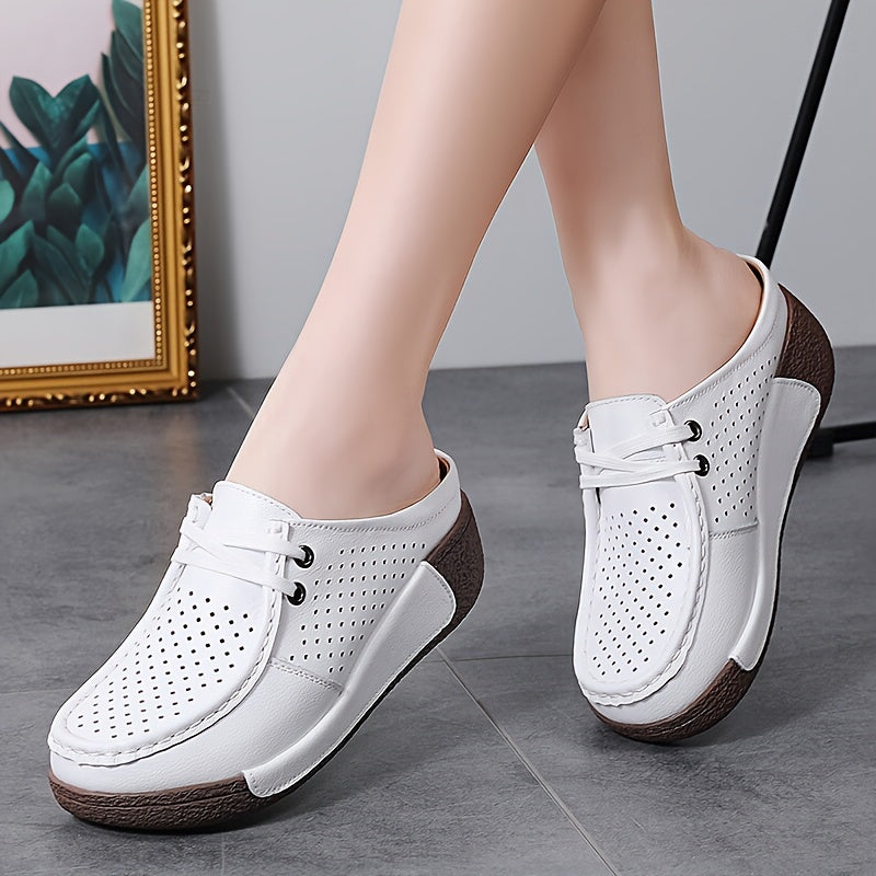 Women's Summer Slip-On Mule Shoes, Hollow-Out White Sneakers with Wedge Heel, Casual and Comfortable