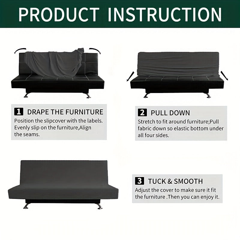 Printed armless futon slipcover to protect furniture in a bedroom, office, or living room.