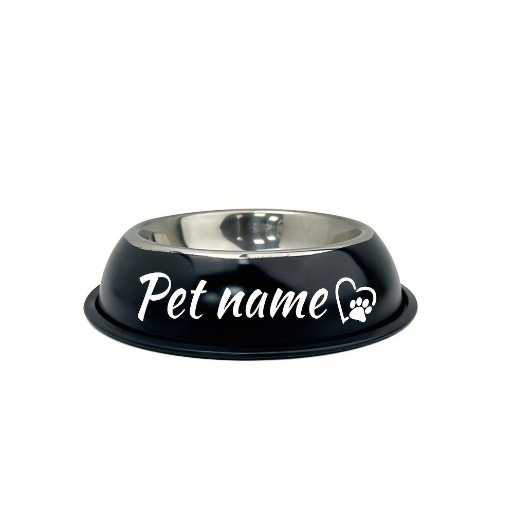 Custom stainless steel dog bowl with non-slip base for small, medium, and large dogs. Personalize with pet's name for food and water.