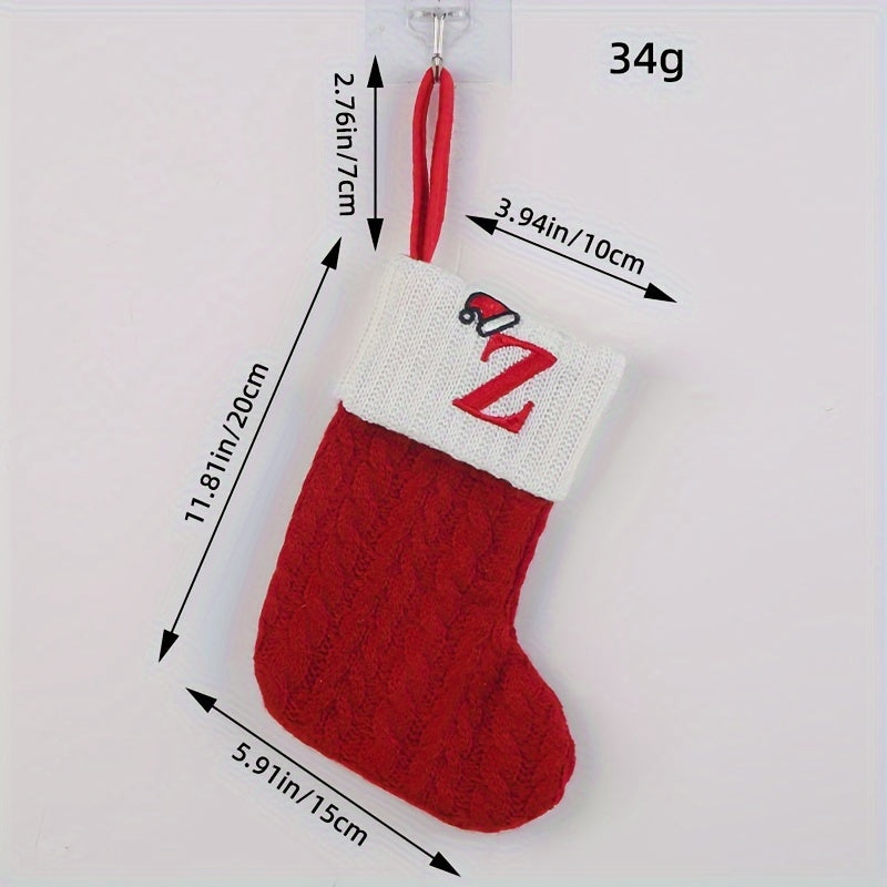 Knitted letter Christmas socks for home tree ornaments; red socks in gift bag for festive attire.