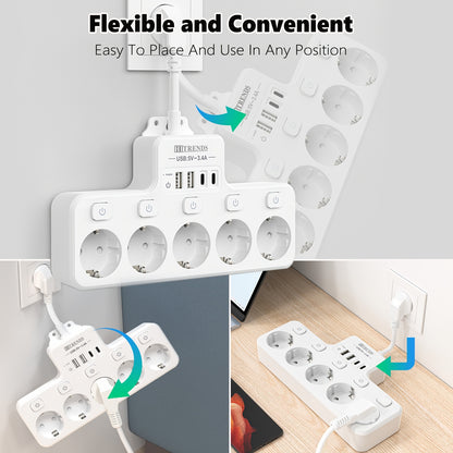 9-In-1 power strip with USB, 5 EU sockets, 2 USB-A and 2 USB-C ports, flexible cable sockets, wall-mounted design, ideal for home, kitchen, office, and travel.