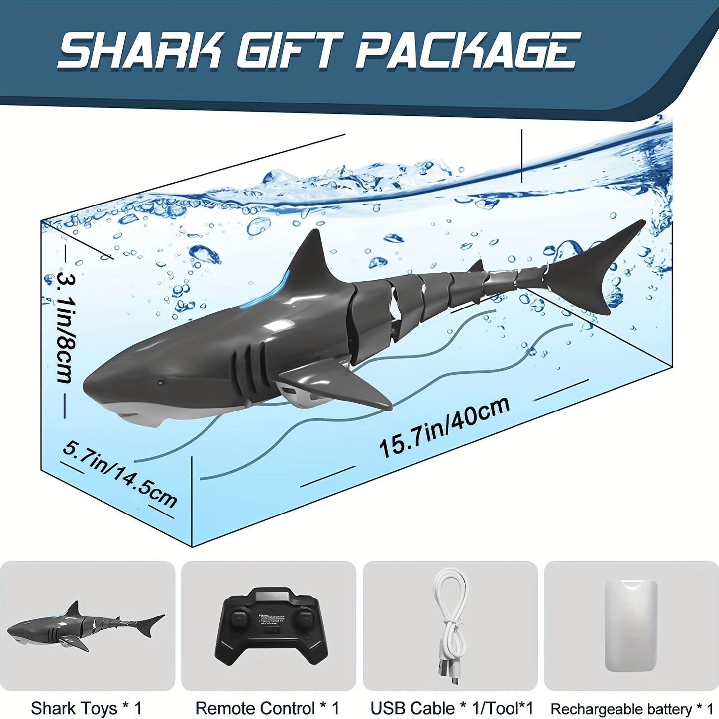 Improved remote control shark pool toy for kids, 2.4GHz waterproof boat with 1000mAh battery.