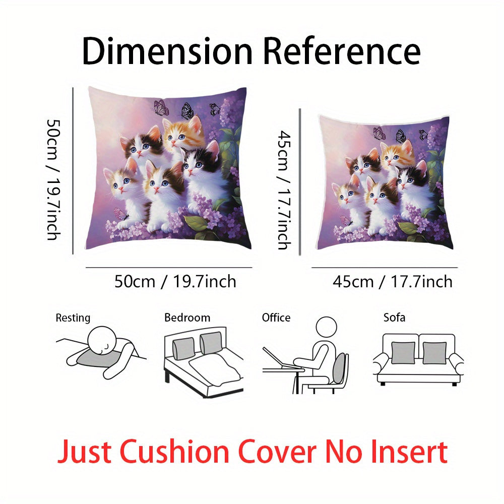 This adorable throw pillow cover features a cute kitten and lavender print on short plush fabric, perfect for adding a touch of charm to your sofa, bed, car, or living room. Made from soft polyester knit fabric with a hidden zipper for easy removal and