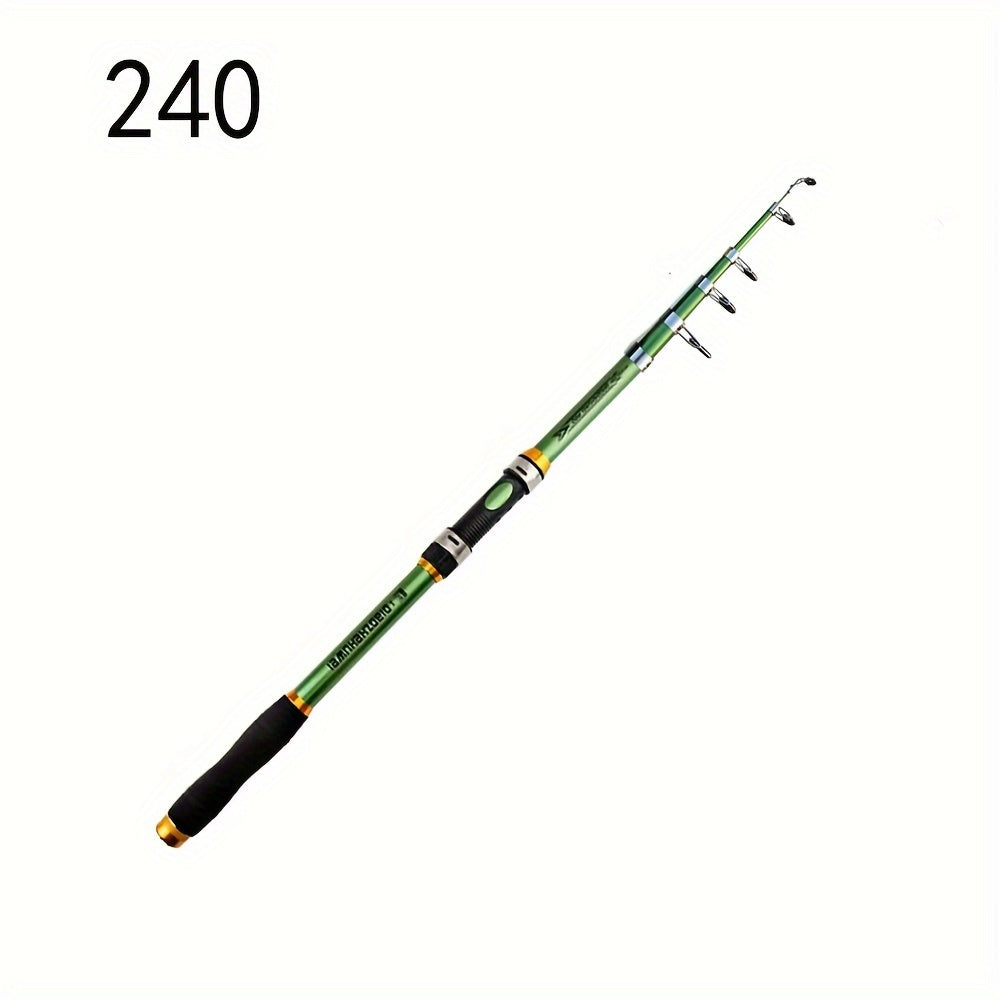 Telescopic fishing rod made of carbon fiber and FRP, 30-70cm extendable with green and black design. Features comfort foam handle and durable ceramic and stainless steel reel seat. Ideal