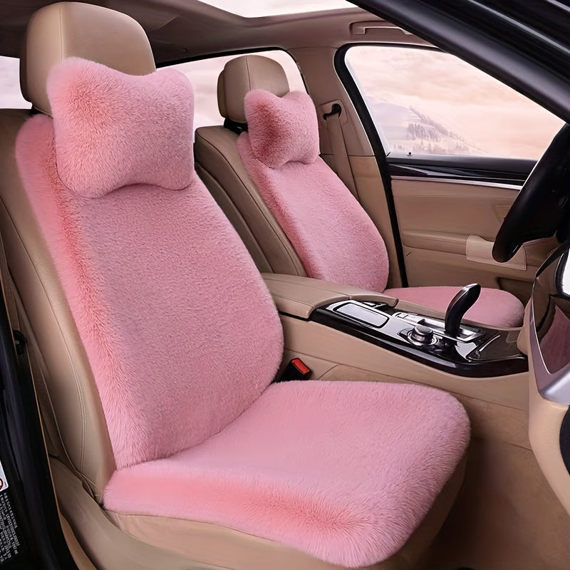 3-piece plush pink car seat cover set for front row with cushion, backrest, and neck pillow, perfect for winter comfort.