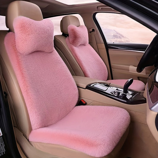 3-piece plush pink car seat cover set for front row with cushion, backrest, and neck pillow, perfect for winter comfort.