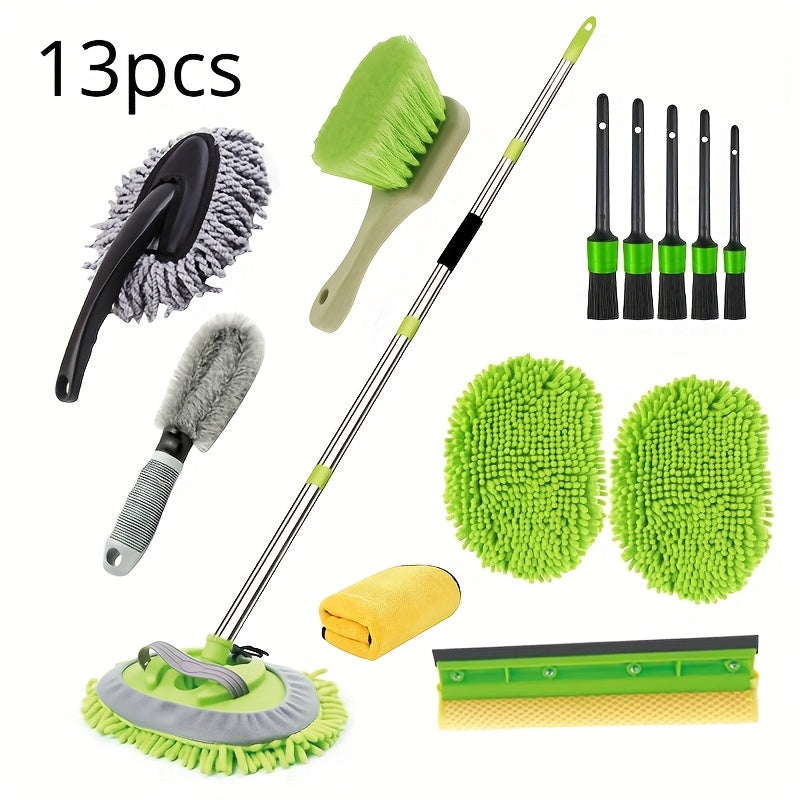 Complete Car Cleaning Kit with 13 Pieces - Includes Extendable Mop, Scrubbing Brushes, and Tire Cleaning Brush Set. Suitable for Use in Living Room, Bedroom, Kitchen, Bathroom, Car, Outdoor Areas, Glass, Walls, and Floors. Made of Durable Plastic, No