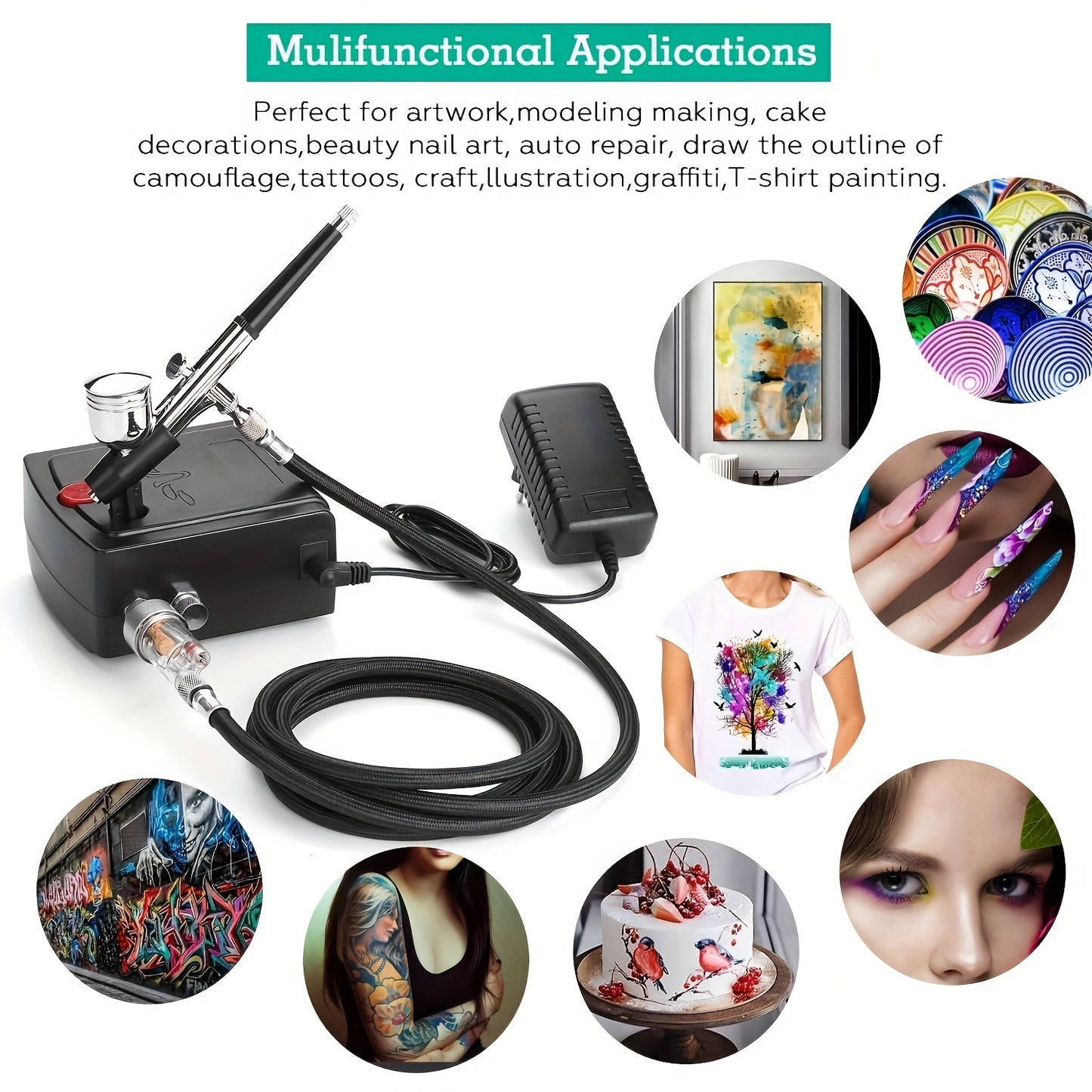 Portable mini airbrush kit with compressor, dual-action gravity feed brushes and European standard plug for hobby, craft, cake decorating, and tattoo applications. Plastic material, no