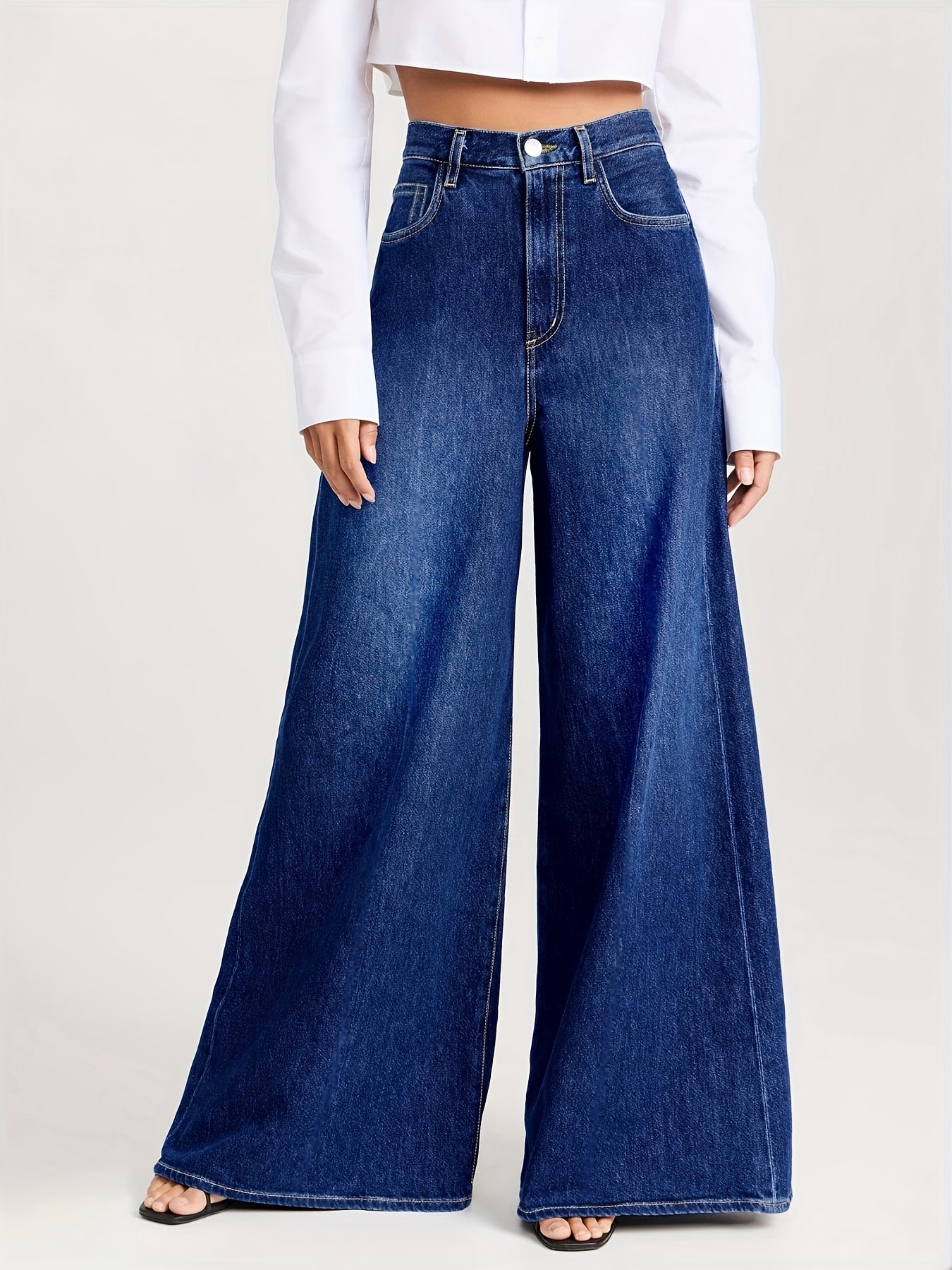 1pc SENLANJIEQU Women's Casual Wide Leg Jeans, made of 70% cotton, 28% polyester, and 2% elastane. Features a medium stretch, washed finish, and streetwear style.