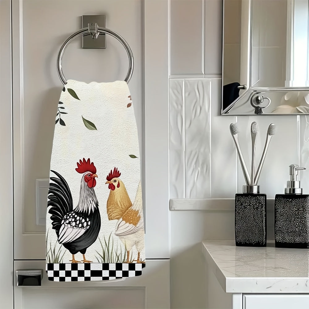 2 pieces of ultra soft kitchen towels featuring hand painted chickens and grass, perfect for holiday decor. These highly absorbent dish hand towels are machine washable and measure 16x24 inches. Item number: 2KYSYS1225199.