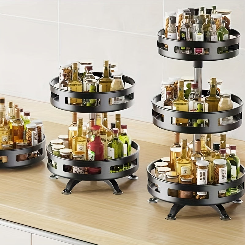 Rotating Metal Spice Rack with Adjustable 3 Tiers, Perfect for Organizing Seasoning Bottles, Cans, and Snacks on Countertop Shelf