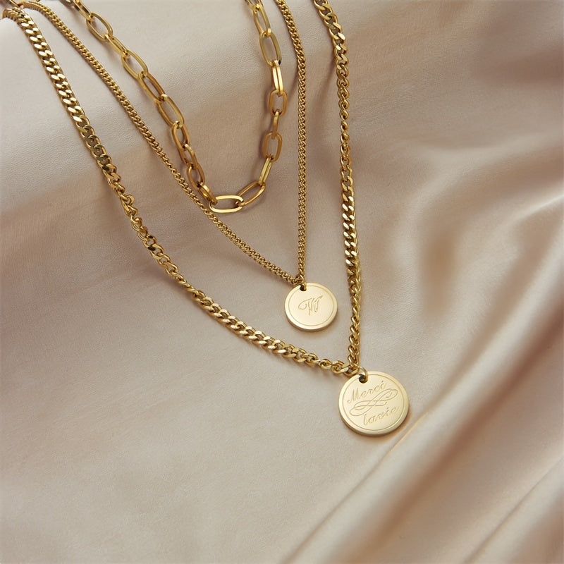 Elegant French-Inspired Three-Layer Necklace with Engraved Letter Pendants in 18k Gold Plated Stainless Steel, Featuring a Minimalist and Classic Style. Versatile Retro Design Perfect for Street Style, Daily Commute, Vacation, and Party Wear.