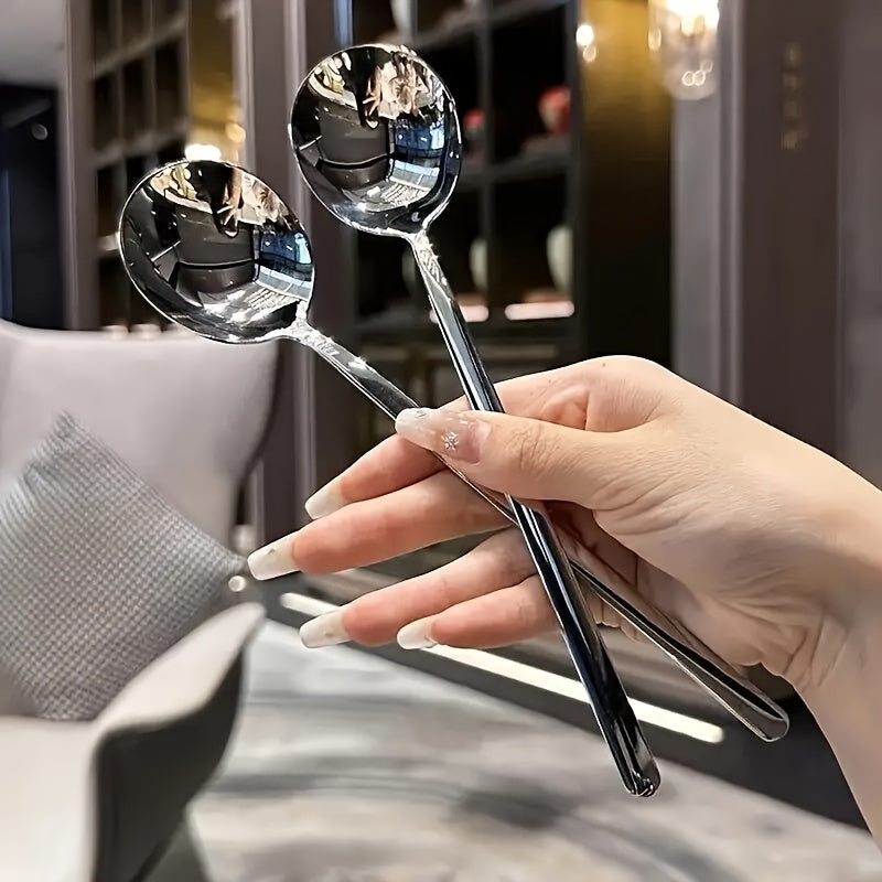 Get a set of 2 durable stainless steel long-handle spoons that are easy to clean and portable. Perfect for home, hotels, buffets, serving various dishes. Ideal for use in your home kitchen, restaurant, camping, and picnic trips.