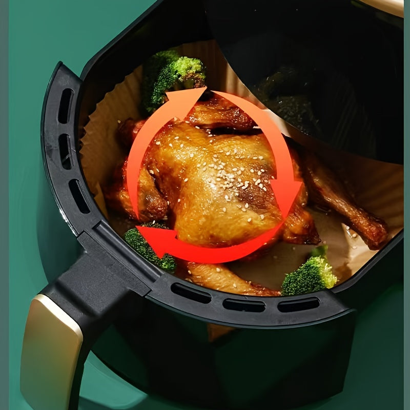 50 pieces of Air Fryer Disposable Liners in Square & Round shapes measuring 21.01cm each, made of heat-resistant and oil-absorbing paper for a healthier cooking experience. Ideal for use with Air Fryers, Steamers, and Microwaves.