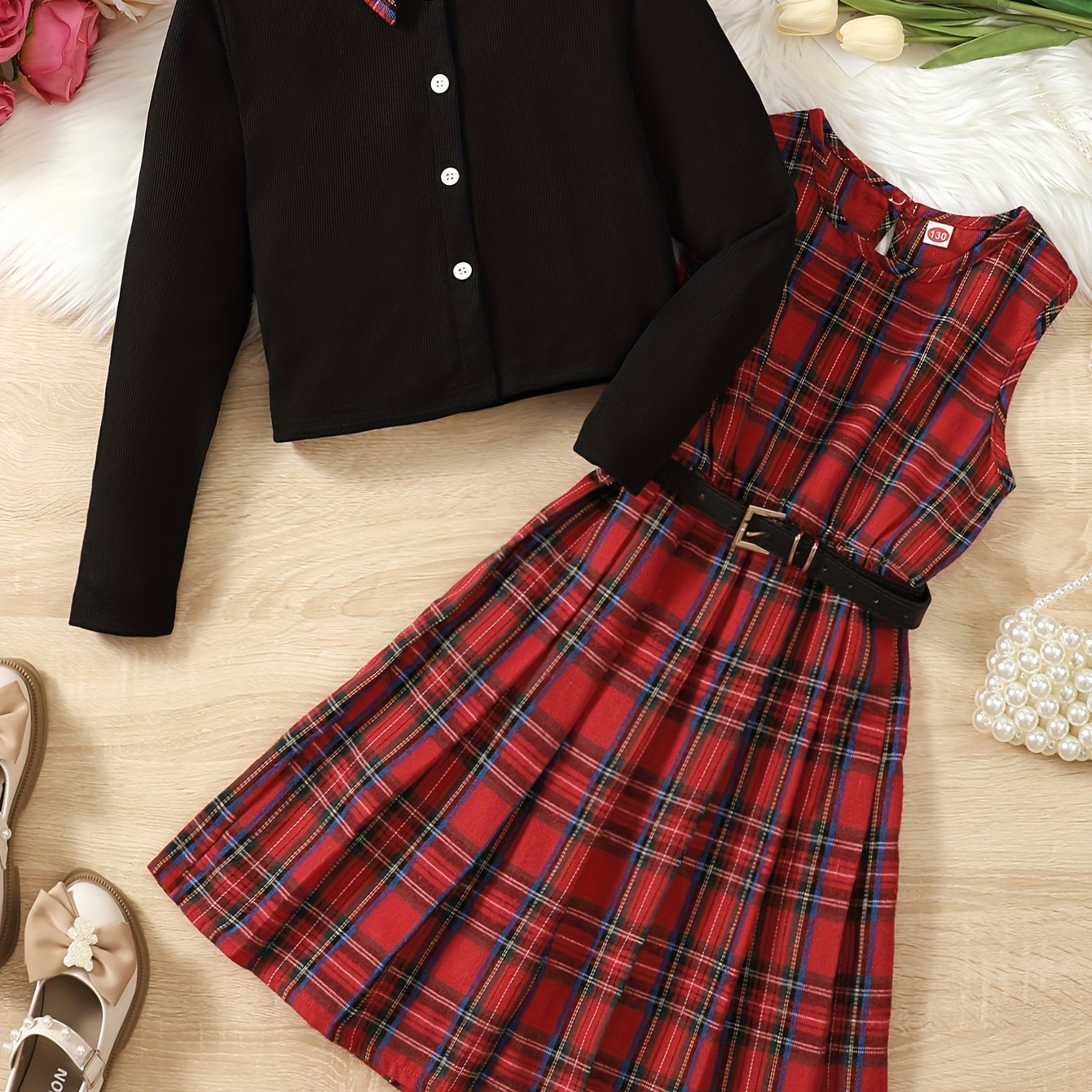 Tween girls' two-piece dress set includes a bow round neck ribbed button jacket cardigan and a sleeveless round neck plaid pleated dress with belt. Perfect for Valentine's Day or New Year