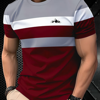 Men's casual crew neck t-shirt with grey, white, and red stripe print. Made of 95% polyester and 5% spandex knit fabric, it has a slight stretch and a regular fit. Weighs 110g/m².