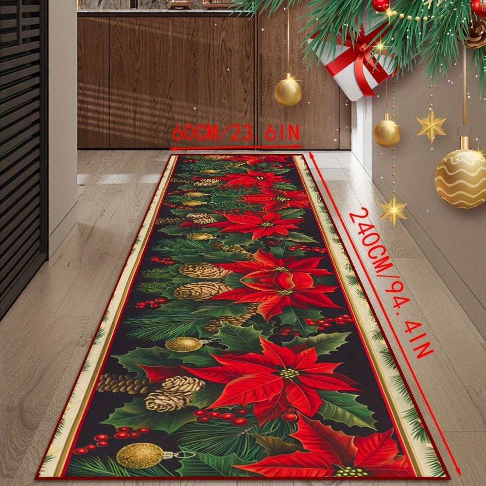 Plush Velvet Area Rug with Christmas Leaf Pattern - Non-Slip, Stain-Resistant, Machine Washable for Home & Cafe Decor. Made with Crystal Velvet, 850g Per Square Meter, 6mm Thickness - Ideal for Hotel Use.