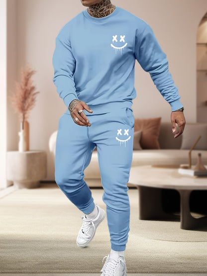 2-piece men's casual tracksuit set with crew neck sweatshirt and joggers in cartoon print polyester. Features slight stretch knit fabric and drawstring detail for all-season comfort.