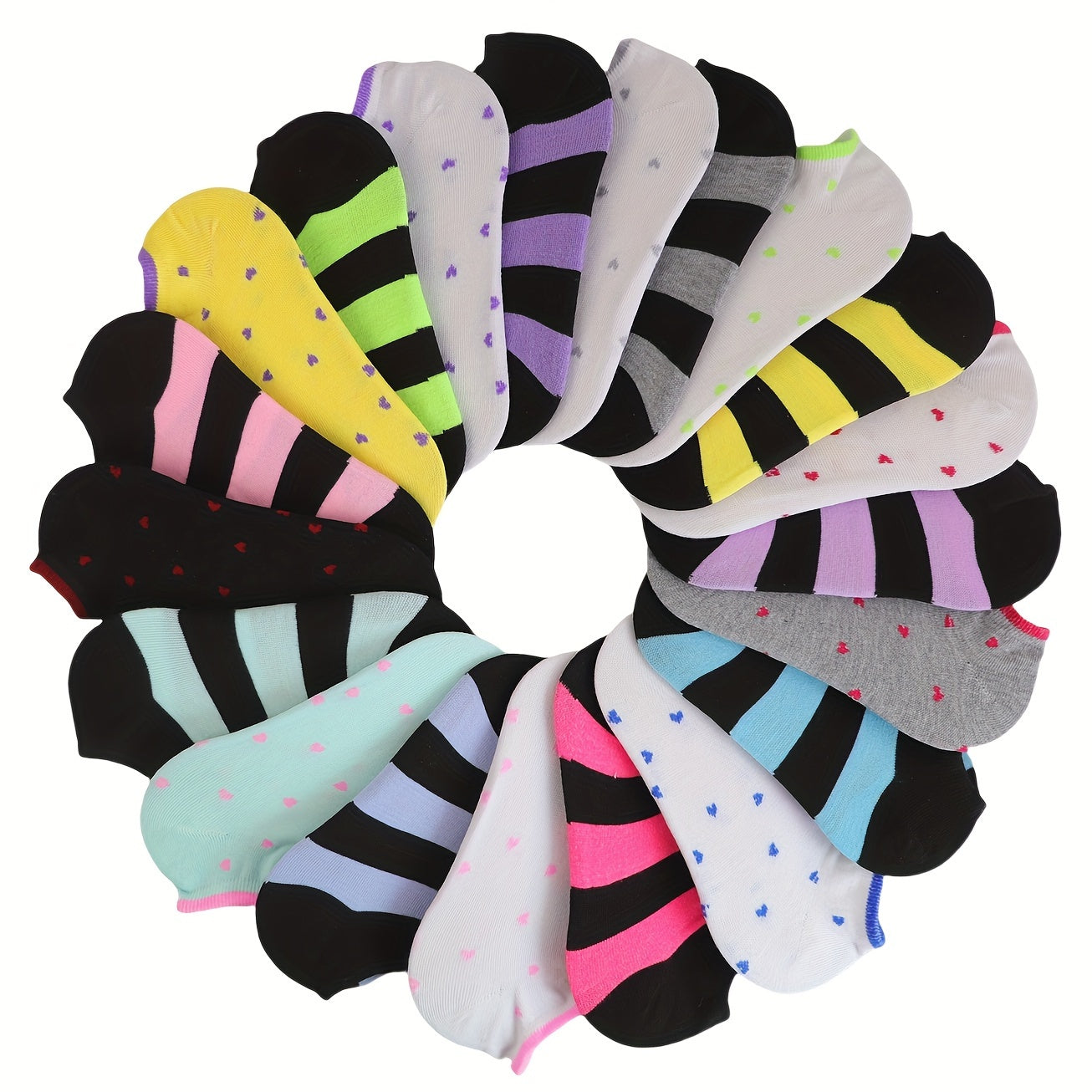 20 pairs of candy-colored, lightweight, and breathable low cut ankle socks for women.