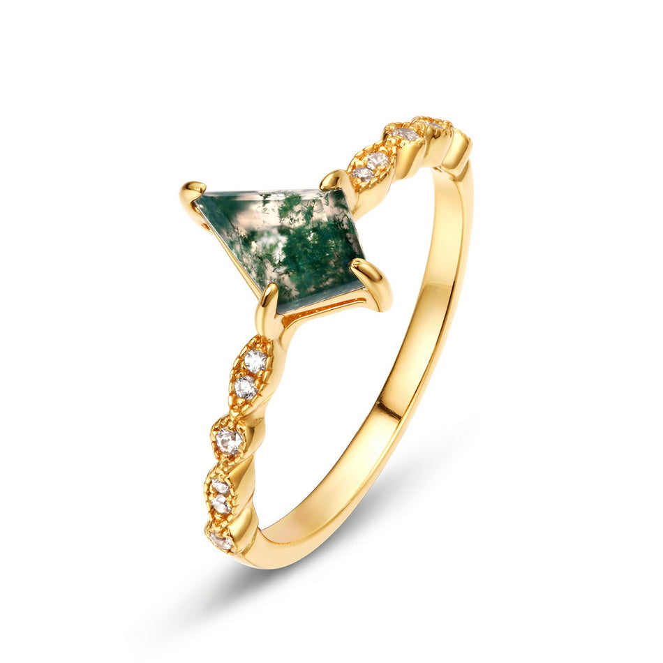 925 Silver Ring with Green Moss Agate Stone for Women, featuring a 6*9mm stone with Water Grass Agate. This European and American light luxury finger ring is gold-plated and weighs 1.49g.