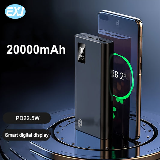 EXJ 20000mAh Portable Power Bank with USB Type-C, fast charging for iPhone, MacBook, Galaxy, iPad, and more.