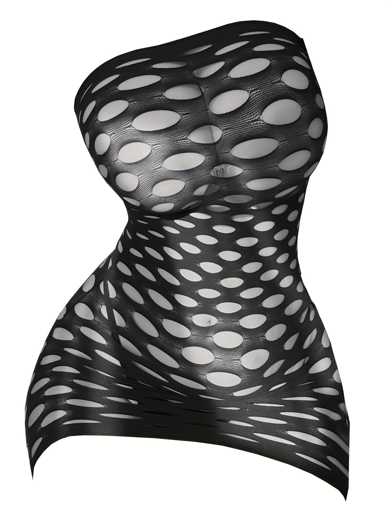 Stylish fishnet lingerie for women, featuring a strapless tube top and sheer mesh design in black.