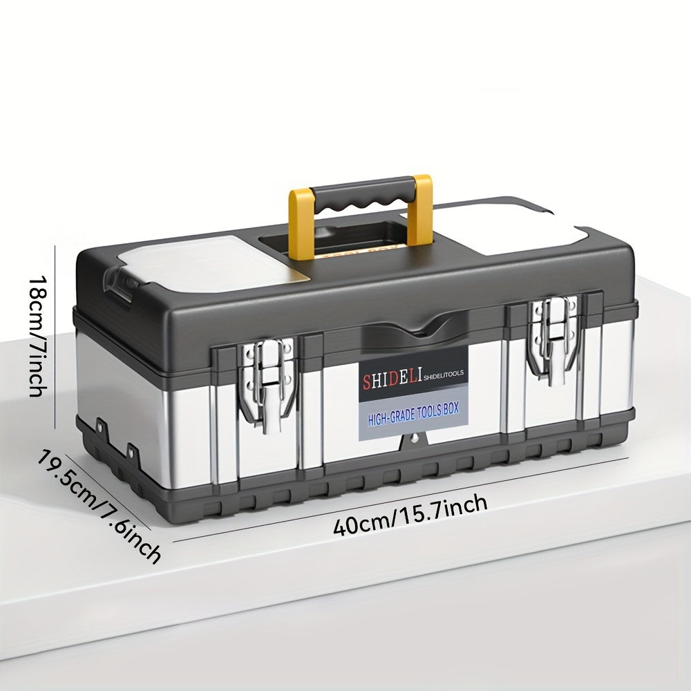 Multi-functional stainless steel hardware box with double-layer storage, thickened and durable for storing tools and equipment.