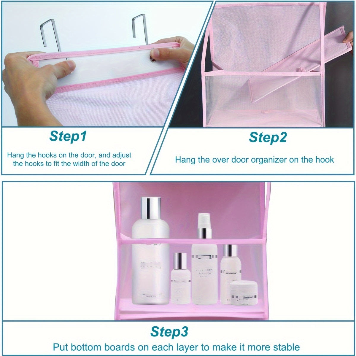 Organize your cosmetics, toys, and sundries with this 1pc Pink Over-the-Door Hanging Organizer featuring 4 pockets, clear window, and reinforced shelves. Perfect for use in the closet, bathroom, bedroom, or dorm. Comes with 2 metal hooks for easy