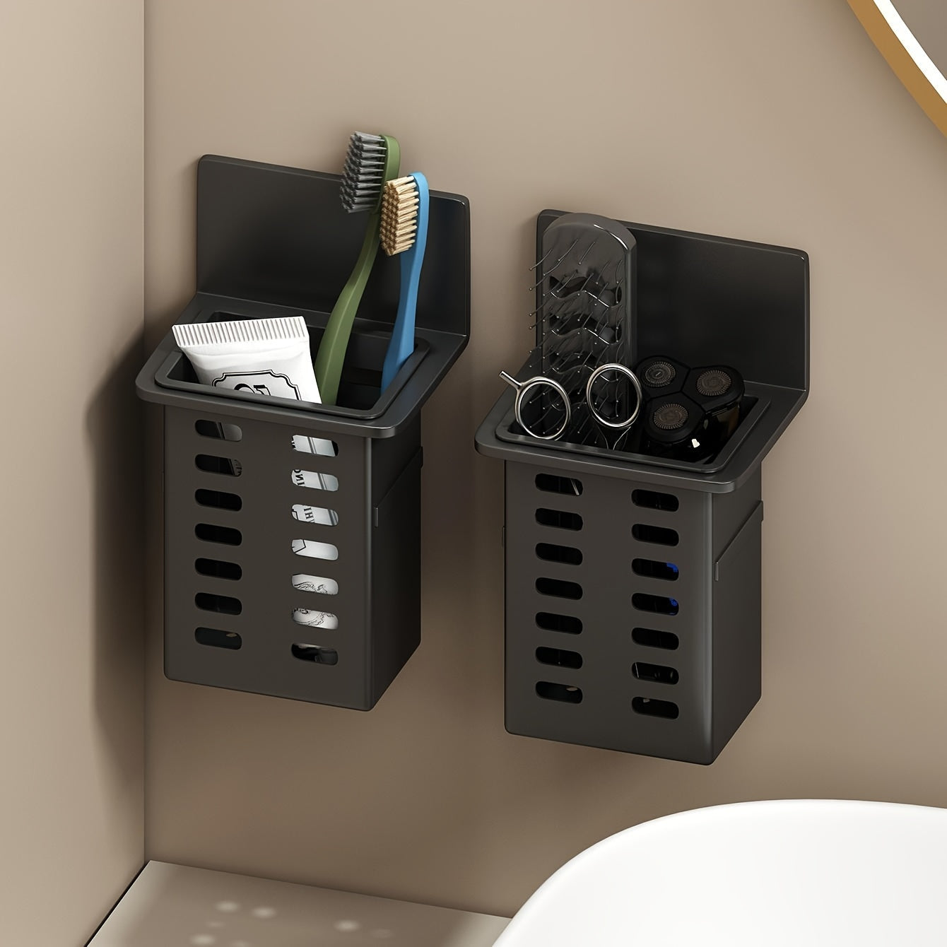 Wall-mounted bathroom organizer made of black, mold-resistant plastic for cosmetics and shower essentials with no-drill installation.