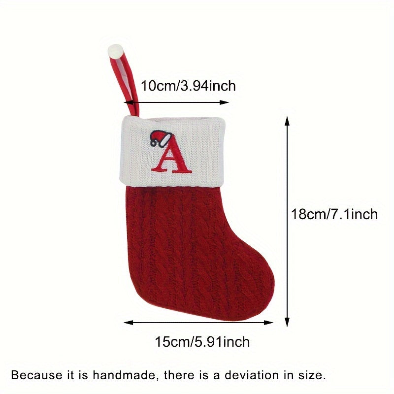 11" Christmas stocking with knitted alphabet design, perfect for hanging on the Xmas tree or using as a gift bag. Made of polyester.