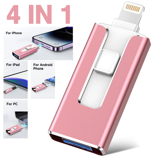 MFi Certified iPhone Photo Stick with storage options of 64GB, 128GB, and 256GB for backing up photos and files on iPhone and iPad.