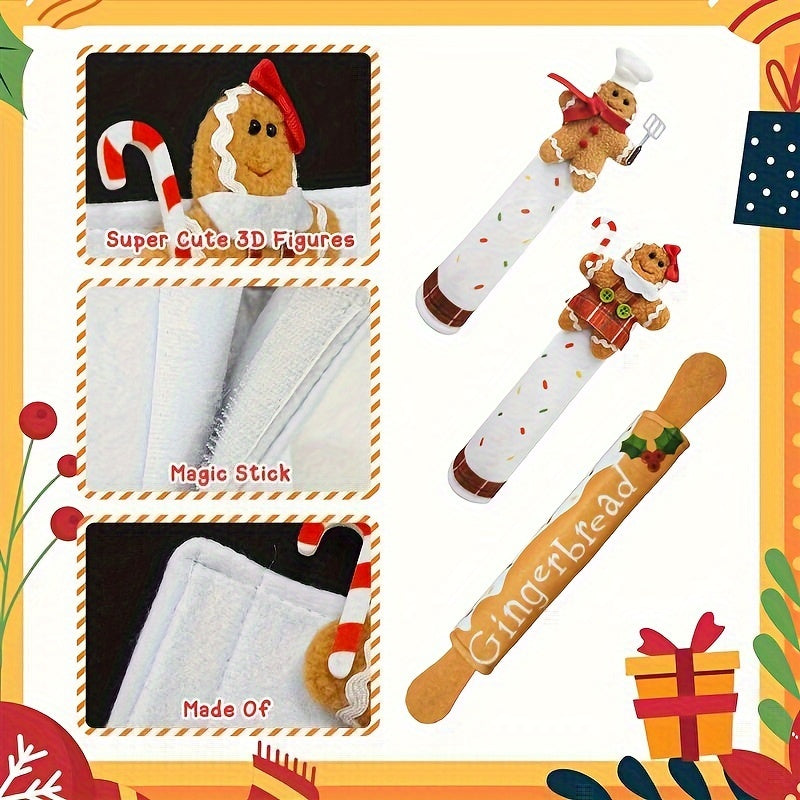 Set of three Christmas gingerbread refrigerator door handle covers, perfect for adding a festive touch to your kitchen. These covers are washable, feather-free, and microwave safe, making them a practical and stylish decoration for the holiday season.