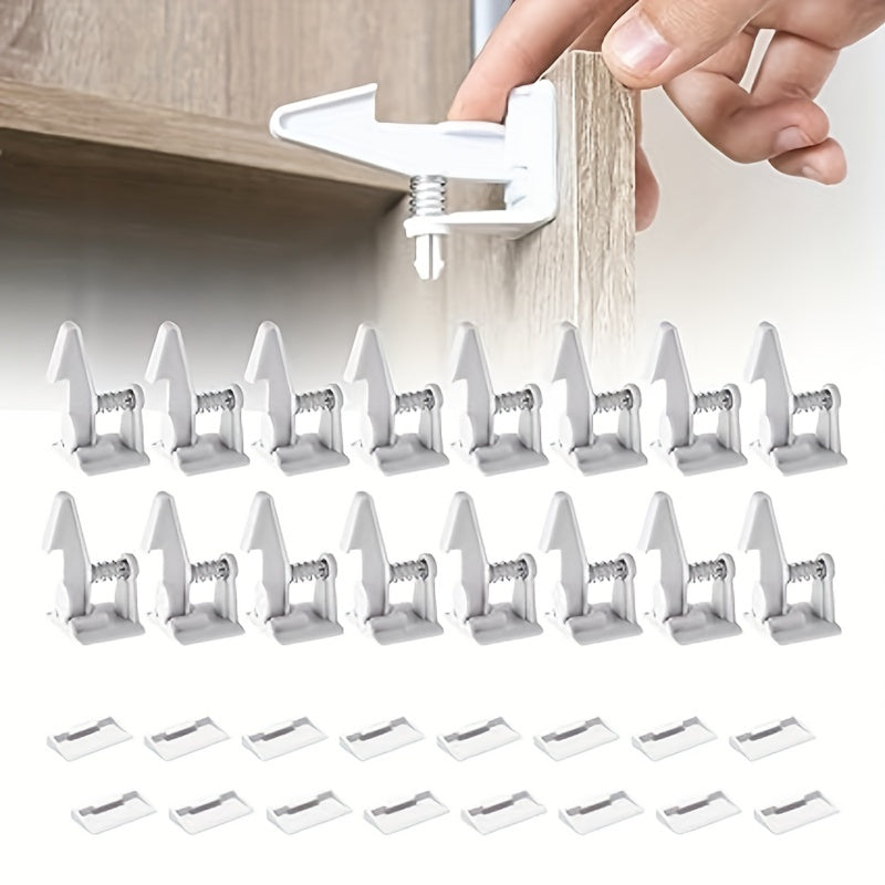 Baby-proofing your cabinets just got easier with these Child Safety Cabinet Locks. This set includes 4pcs of latches with upgraded stronger adhesive for easy installation. Works with most cabinets and drawers without the need for drilling. Available in