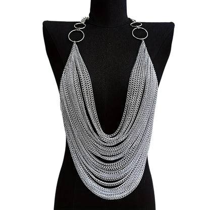 The Y2K Hanging Silvery Body Chain is perfect for music festivals and street rock fashion.