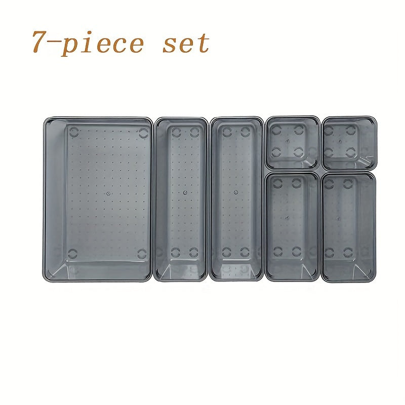 Stackable clear drawer organizer set in 4 sizes for versatile storage of makeup, skincare, stationery, and more. Perfect for bathroom vanity, kitchen, office, and bedroom. Great holiday