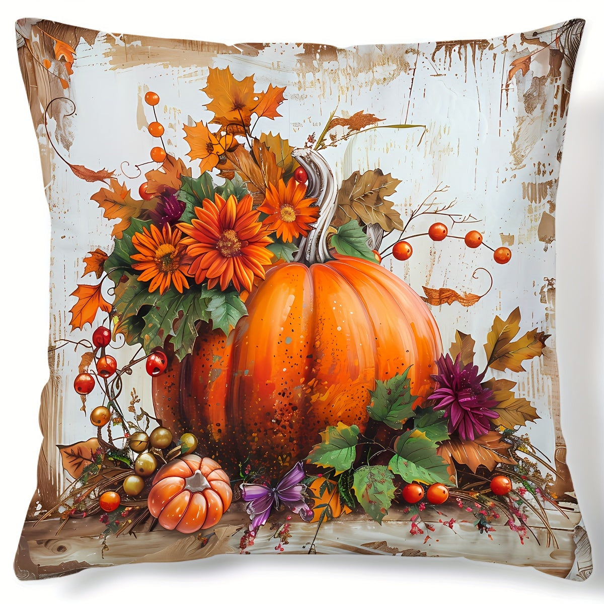 Modern 44.96cm x 44.96cm Autumnal Pillow Cover featuring Pumpkins and Sunflowers, Ideal for Home Decor in the Sofa, Living Room, or Bedroom. Single-Sided Print, Pillow Insert Not Included.