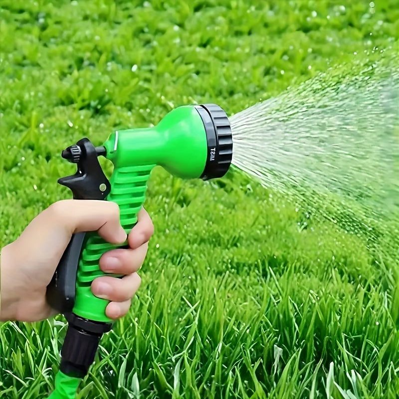 Flexible green garden hose set with high-pressure nozzle and connector for various outdoor uses such as watering, car wash, and pet cleaning. Available in lengths of 22.86m, 30.48m, and