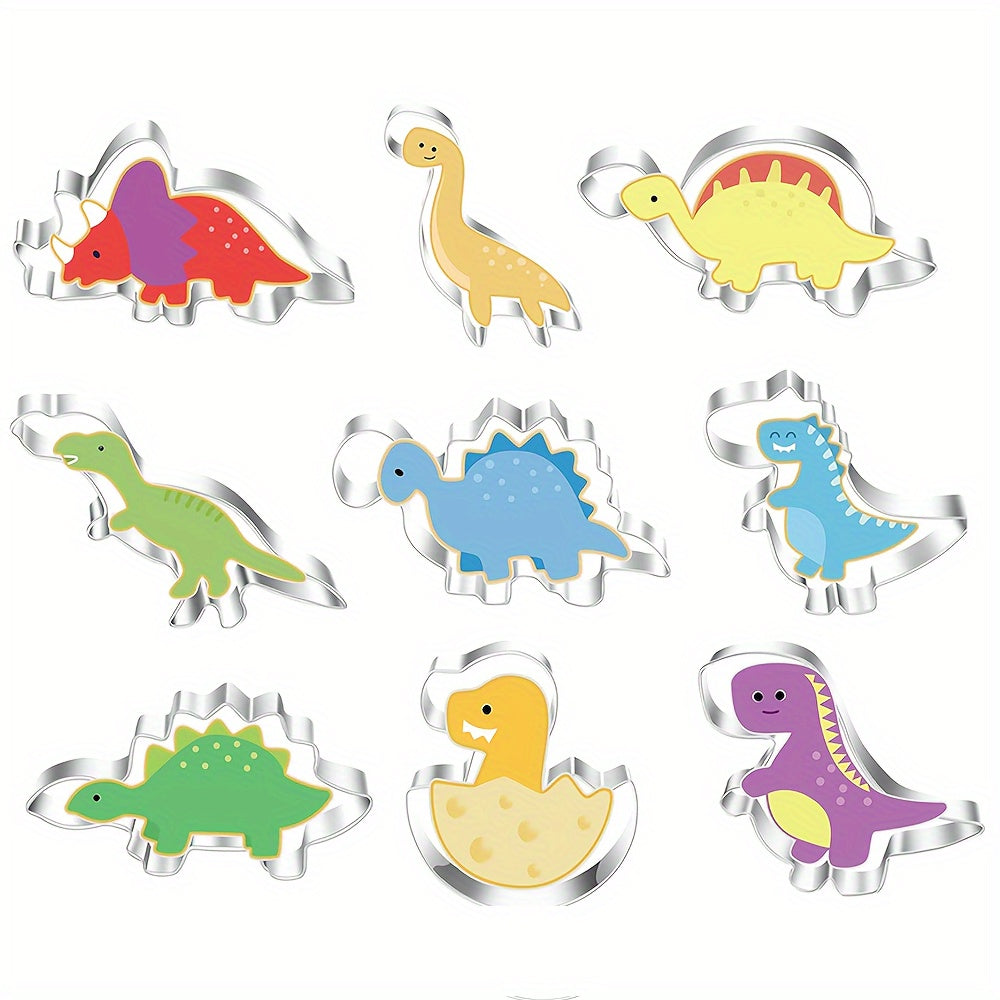 A set of 10 stainless steel dinosaur cookie cutters, perfect for creating fun shapes for baking with kids. These DIY kitchen tools can also be used for cake decoration, making them ideal for children's dinosaur-themed birthday parties.