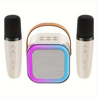 Portable wireless karaoke speaker with 1-2 microphones, dynamic lights, ideal for birthdays, home KTV, outdoor activities, and travel.