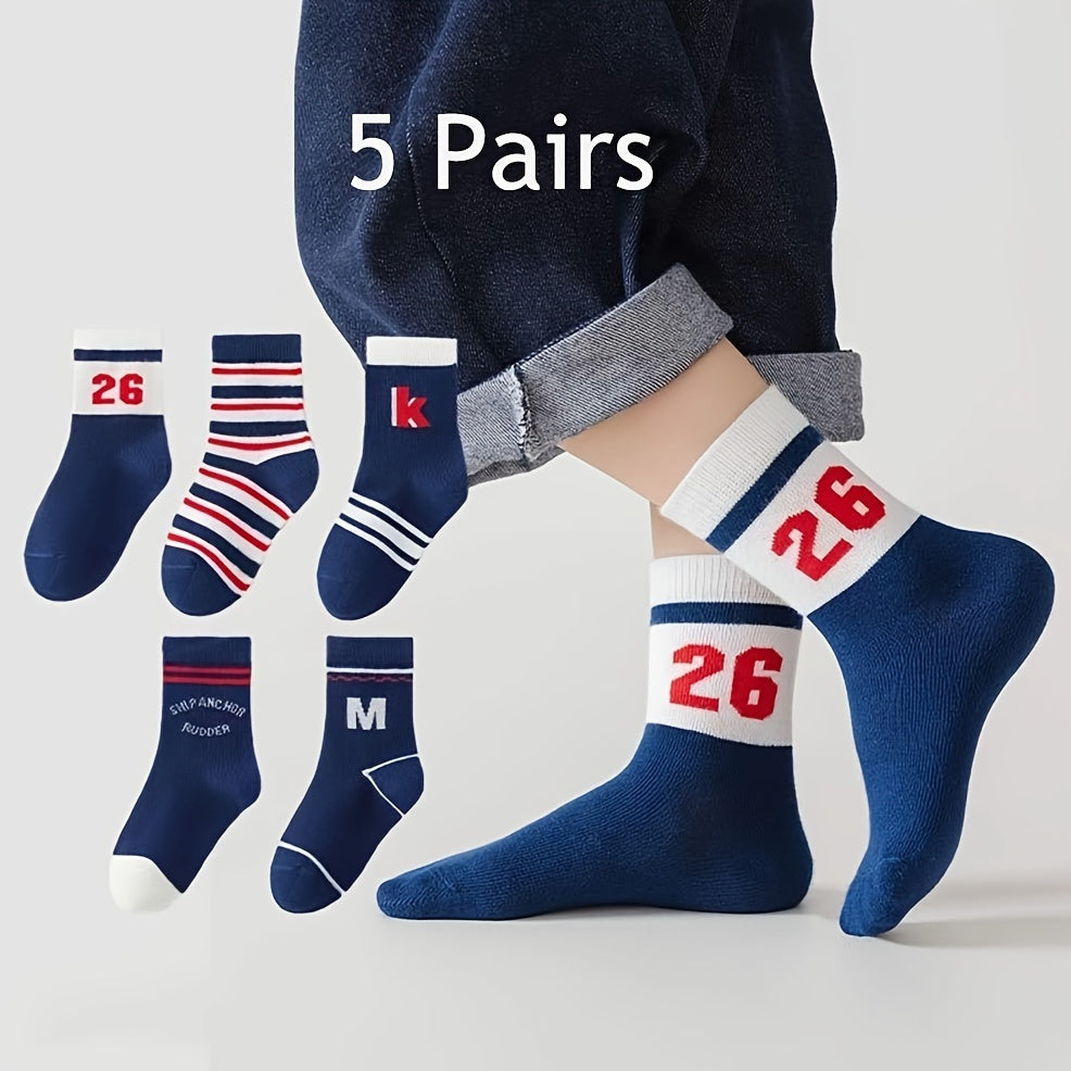 5 pairs of boys' graphic fashion, sports, and warm socks for autumn/winter