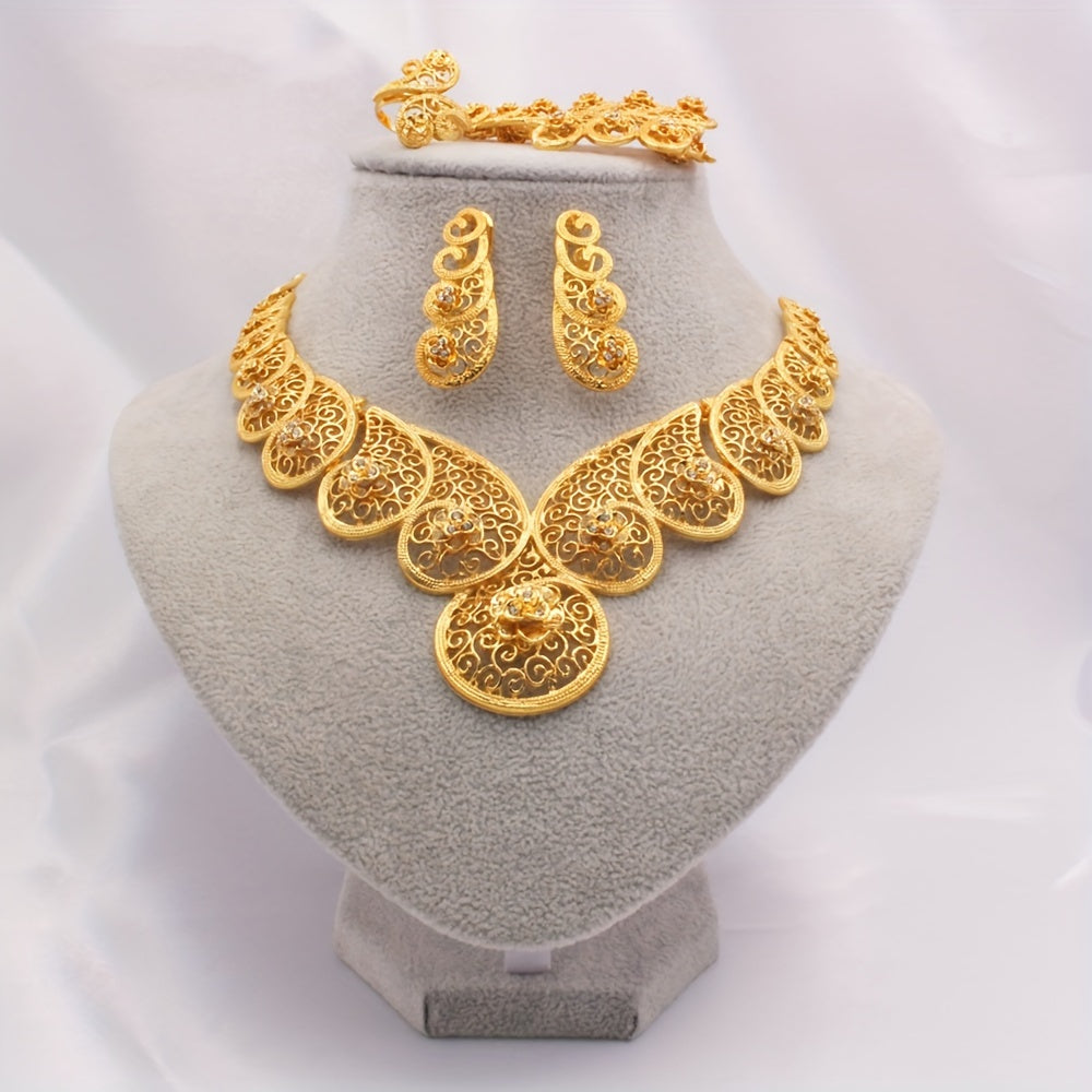 Luxurious 4-piece JIAMILA Tribal Style Jewelry Set crafted with Gold-Plated Zinc Alloy and adorned with Rhinestones. This set includes a Necklace, Bracelet, Ring, and Earrings designed for Women, ideal for both daily wear and special festival